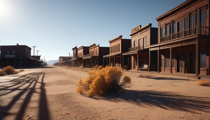 Fototapeta premium A desolate, empty Western town with weathered wooden storefronts and dusty streets, captured in a sepia tone to evoke the solitude and abandonment of the Wild West, Generative AI.