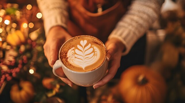 A barista creating a pumpkin spice latte in a caf&Atilde;&copy; with soft lighting and fall decorations as customers enjoy the seasonal ambiance