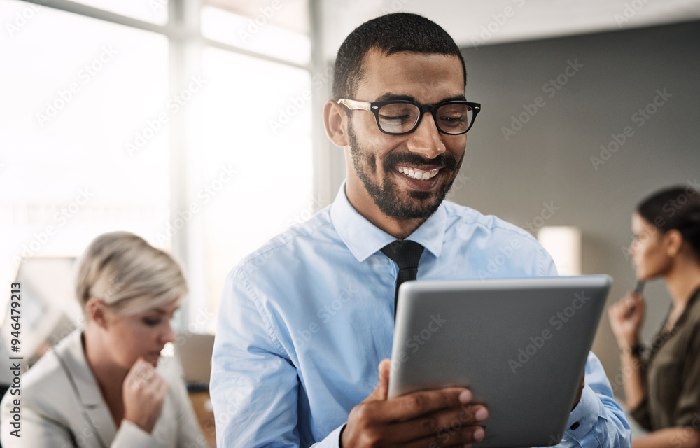 Poster man, tablet and happy with thinking in office, meeting or reading for progress, solution or notes on