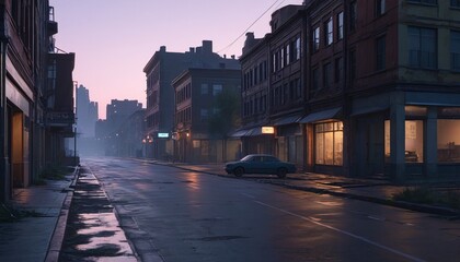 A city street in the middle of the day, but with dark storm clouds overhead and a heavy downpour creating a somber and eerie mood, depicted to emphasize the contrast between the usual vibrancy and the