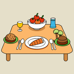 Feast Table with Meat, Vegetables, and Bread - Vector Illustration