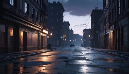 A city street in the middle of the day, but with dark storm clouds overhead and a heavy downpour creating a somber and eerie mood, depicted to emphasize the contrast between the usual vibrancy and the