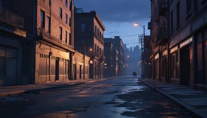 Naklejka premium A chilling city street at dawn, shrouded in thick fog with eerie streetlights casting long shadows, creating a haunting and unsettling atmosphere in the quiet of early morning, Generative AI.