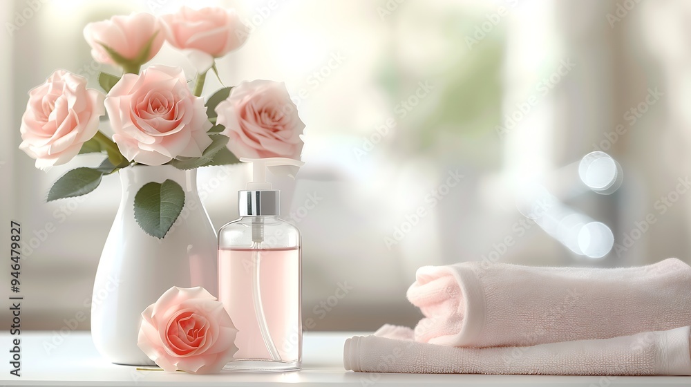 Poster a bottle worth 100 ml is on the table, on the left a small white vase : generative ai
