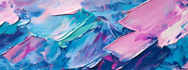 A close-up of an abstract painting with wavy lines in pastel blue, pink, and purple colors. The background is dark grey. In the style of impasto oil paint brush strokes.