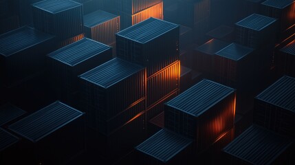 Digital visualization of a connected logistics network, featuring futuristic cargo containers with glowing data points symbolizing traceable shipments