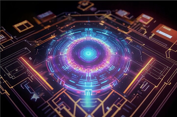 Obraz premium Futuristic Circuit Board displaying Quantum computing and glowing neon-colored lights as connections. Generative AI.