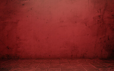 red concrete perspective room for advertising. stamp concrete floor in grid pattern with weathered red concrete wall background. red backdrop space for displayed product.