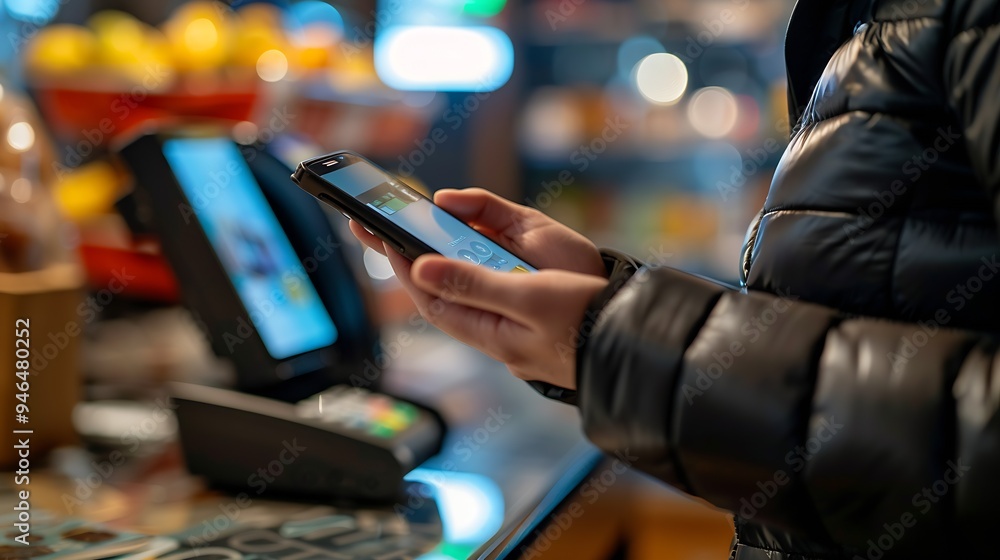 Poster a person making a contactless payment with their mobile phone : generative ai