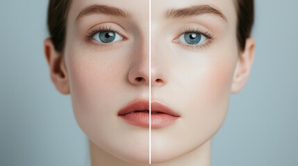 Close-up comparison of a woman's face before and after a cosmetic skin treatment, highlighting changes in skin texture and tone.
