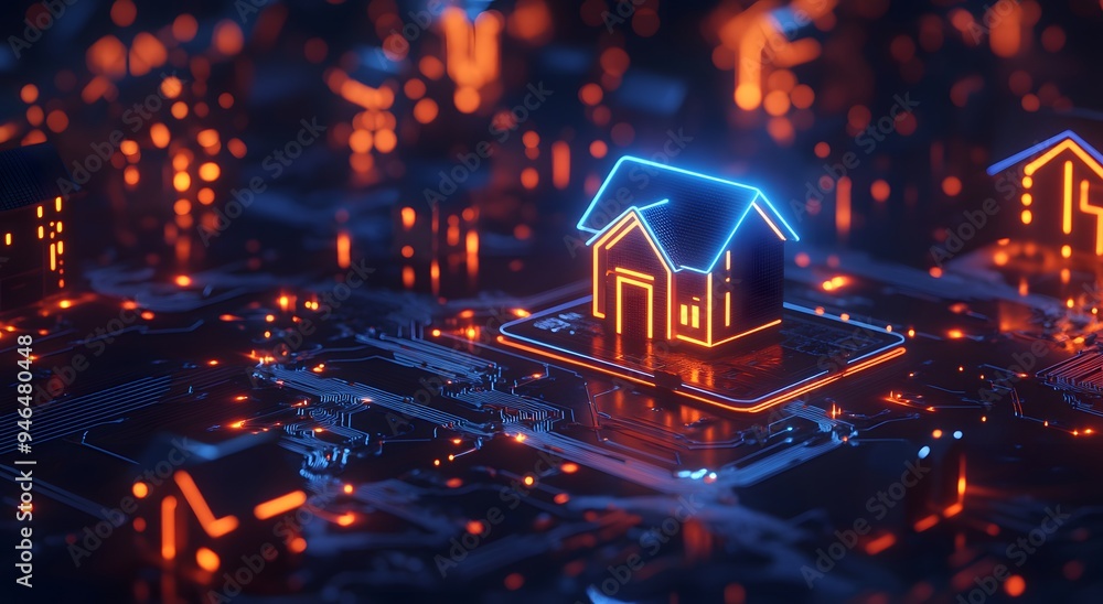 Poster a futuristic digital image of an illuminated house icon floating above a glowing circuit board. smar