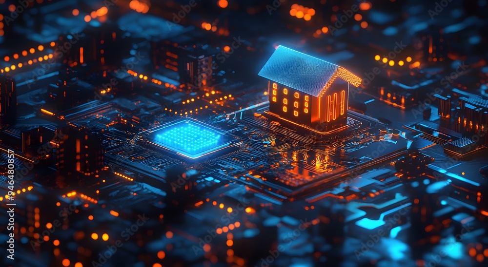 Poster a futuristic digital image of an illuminated house icon floating above a glowing circuit board. smar