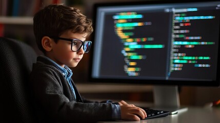 Young boy with glasses focused on coding at a computer, engaged in programming activities in a cozy environment.