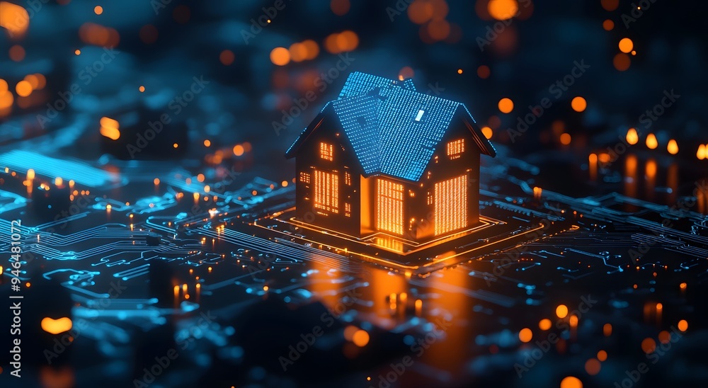 Poster a futuristic digital image of an illuminated house icon floating above a glowing circuit board. smar