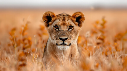 Obraz premium Lion Watching Its Prey The Savanna Grassland