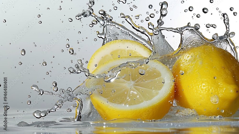 Poster one fresh lemon sliced with watersplash on white background. : generative ai