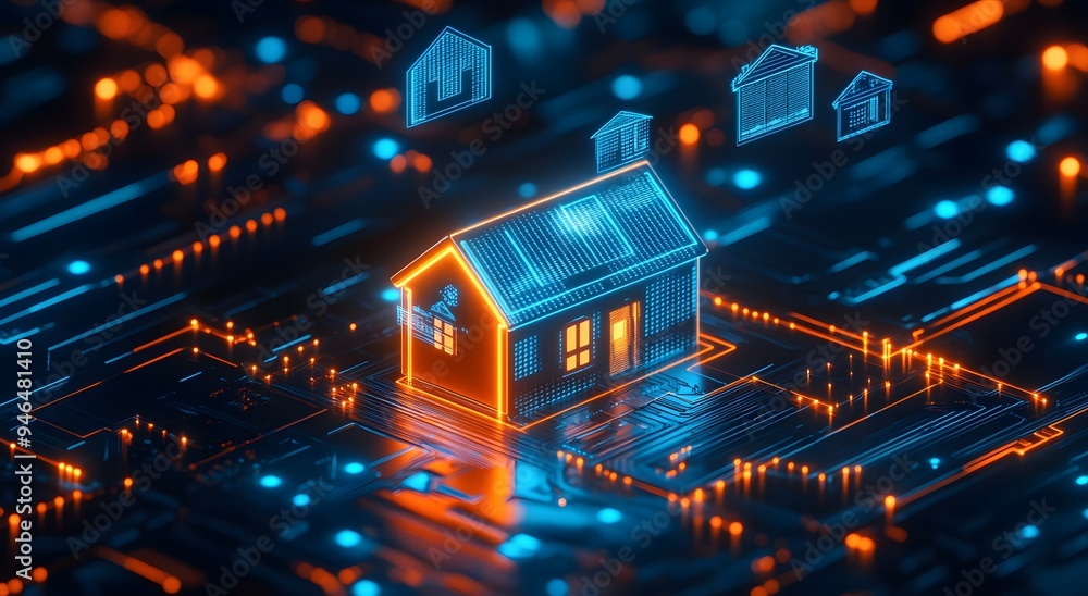 Poster a futuristic digital image of an illuminated house icon floating above a glowing circuit board. smar