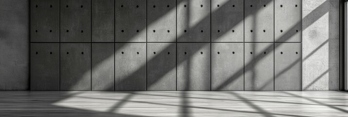 A modern interior features a concrete wall with large shadows created by sunlight streaming through windows