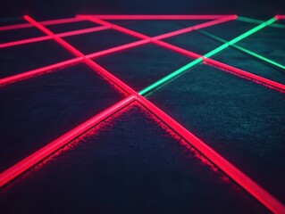 Complex lattice of laser beams, intersecting over a dark stage, deep red and green colors, futuristic sci-fi theme