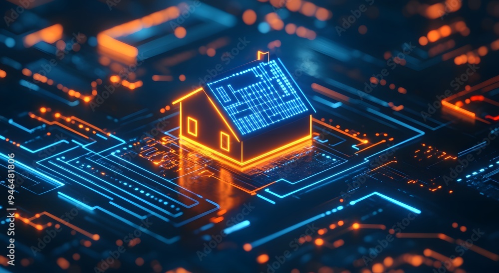 Poster a futuristic digital image of an illuminated house icon floating above a glowing circuit board. smar