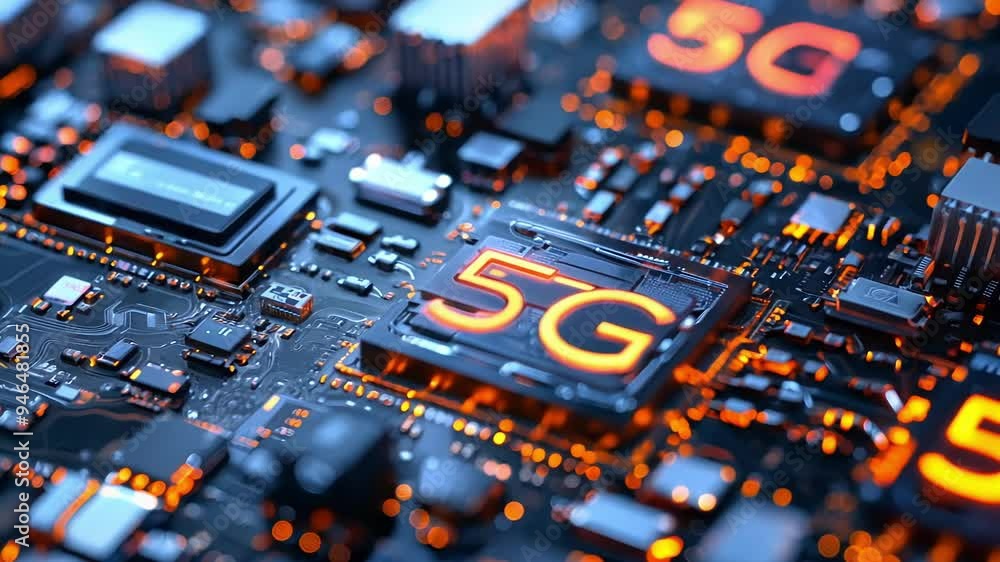 Poster electronic circuit board with a 5g network chip. symbolizing the future of high speed internet and m