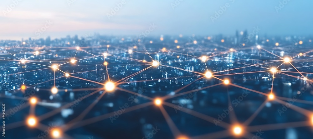 Poster a futuristic digital environment with connected data flows and smart city infrastructure.