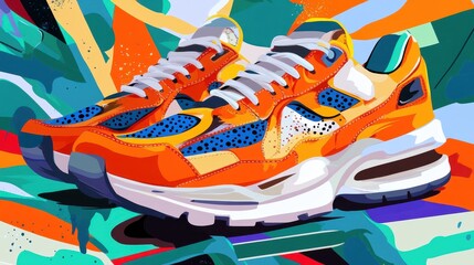 Brightly colored retro sneakers stand out against a lively abstract backdrop filled with bold shapes and vivid hues