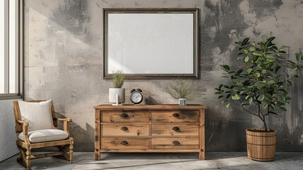 Rustic Interior Design with a Wooden Chest, Chair, and Plants