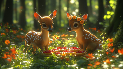 Naklejka premium Two adorable fawns enjoying a picnic of berries in a sunlit forest, surrounded by flowers, with one fawn wearing a floral crown, creating a whimsical and enchanting scene