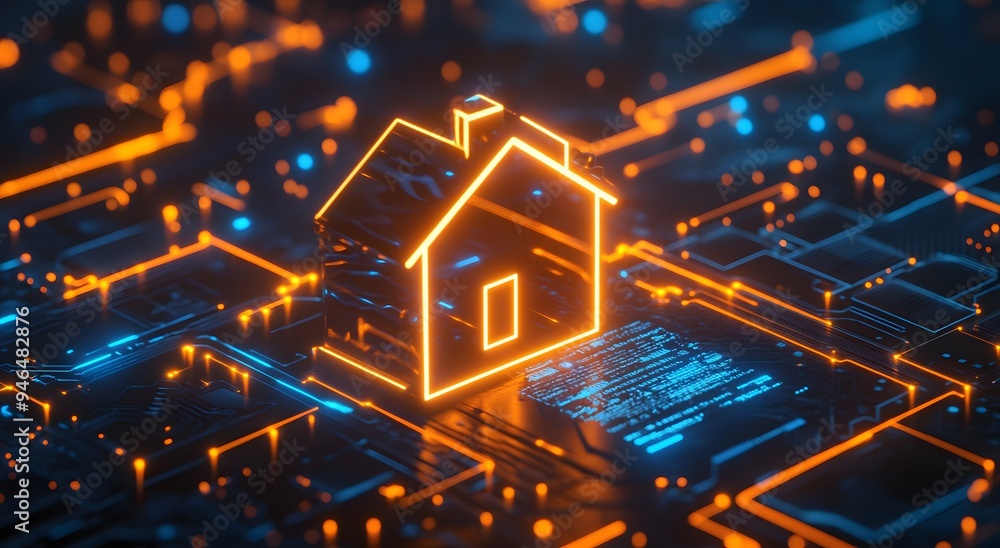 Poster a futuristic digital image of an illuminated house icon floating above a glowing circuit board. smar