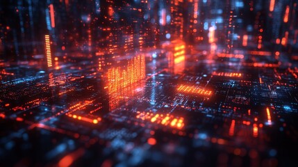 Colorful holographic icons represent various financial sectors, illuminating a dark digital environment that suggests high-tech analysis.