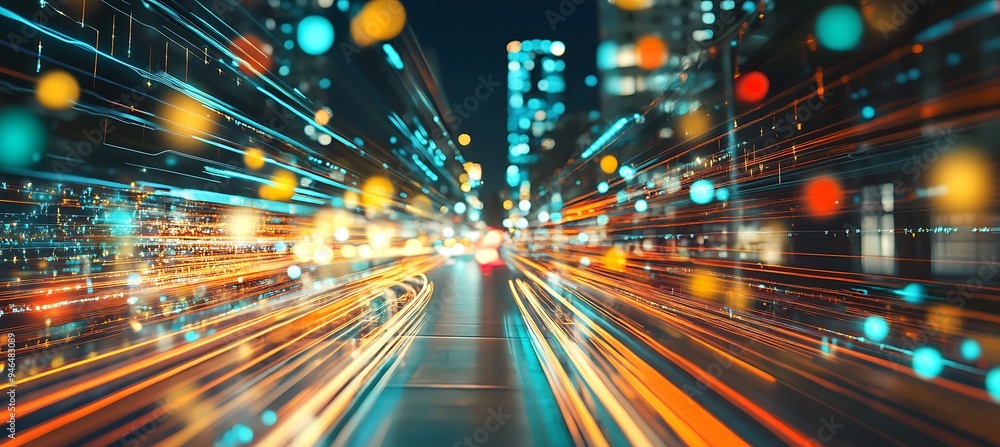 Aufkleber a futuristic digital environment with connected data flows and smart city infrastructure.