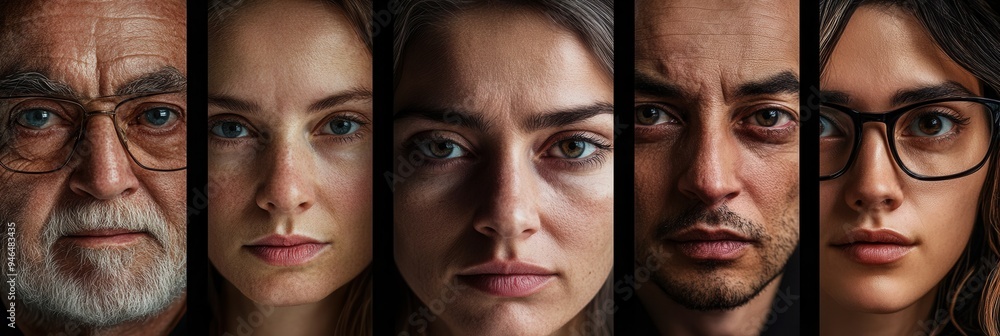 Poster Five individuals with unique expressions are captured against a dark background, highlighting a mix of emotions and personalities that evoke connection and reflection. Generative AI