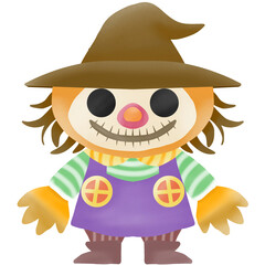 An animated scarecrow character with a big smile standing happily, wearing a brown hat, striped shirt and purple overalls, perfect for holiday decoration, on a transparent background.