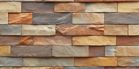 A textured wall made of various colored stone tiles, showcasing natural patterns and hues.