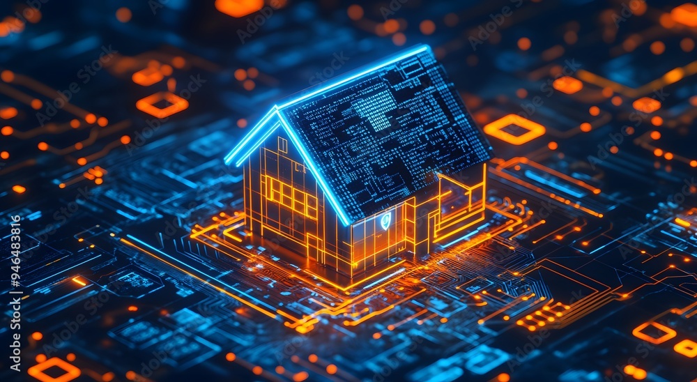 Poster a futuristic digital image of an illuminated house icon floating above a glowing circuit board. smar