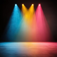 Concert stage with a burst of light rays, vibrant colors, energetic and lively atmosphere