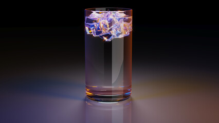 Realistic glass with water and ice cubes under colored lighting. 3d illustration on dark background