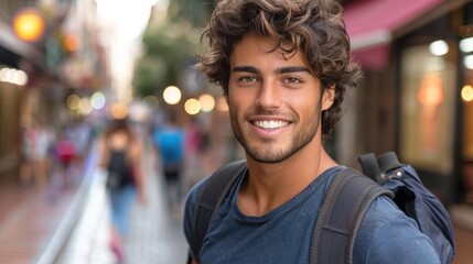Fototapeta premium Smiling young man with backpack walking through a bustling street in a vibrant city