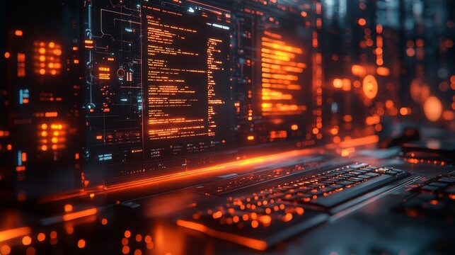 Bright holographic icons showcase various notifications, creating a dynamic atmosphere in a high-tech workspace filled with screens. - Powered by Adobe