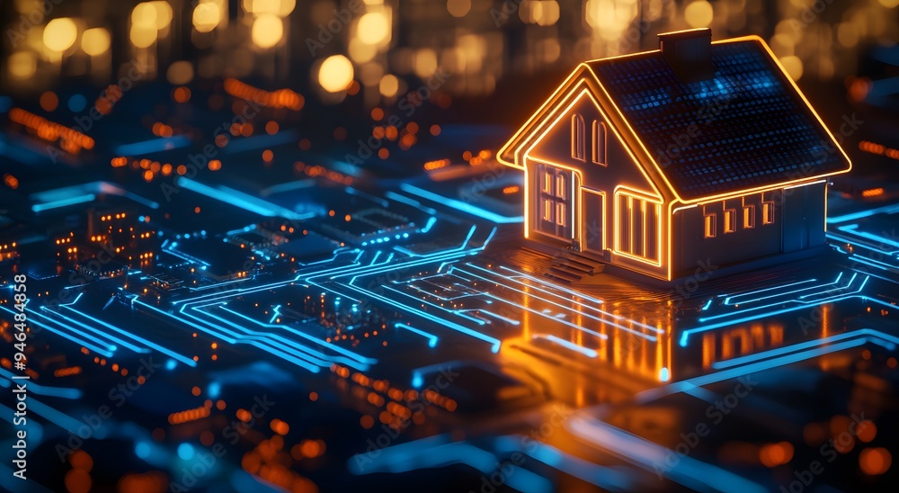 Poster a futuristic digital image of an illuminated house icon floating above a glowing circuit board. smar