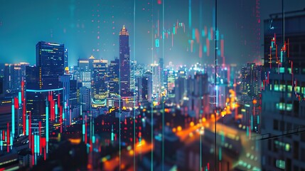 Obraz premium Night Cityscape with Financial Chart Overlay