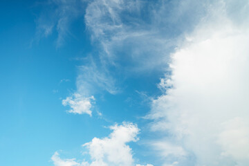 bright summer day with cumulus clouds scattered across a vivid blue sky, creating a serene and abstract backdrop that captures the essence of nature beauty and the peaceful environment around.
