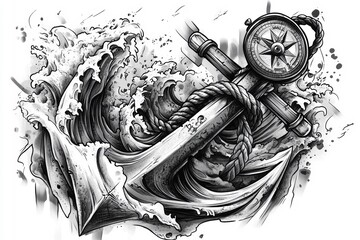A striking black-and-white illustration featuring an anchor entwined with rope, surrounded by crashing waves and a compass, symbolizing navigation and adventure at sea
