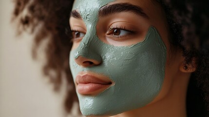 A close-up of a model applying a vibrant green matcha clay mask to her face, with a soft focus on her glowing skin and the mask’s texture