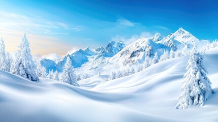 Obraz premium Stunning winter landscape featuring snow-covered mountains and trees under a bright blue sky, perfect for seasonal imagery.