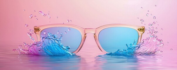 Stylish sunglasses emerging from colorful splashes of water against a vibrant pink background, perfect for summer imagery.