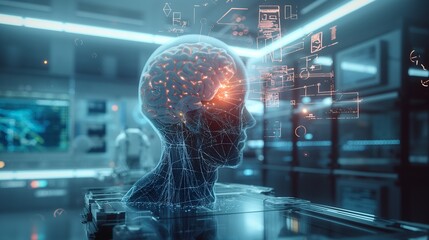 A digital representation of a brain with data overlays in a futuristic lab setting.