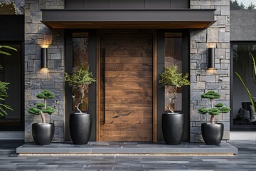 Modern House Entrance with Stone and Wood