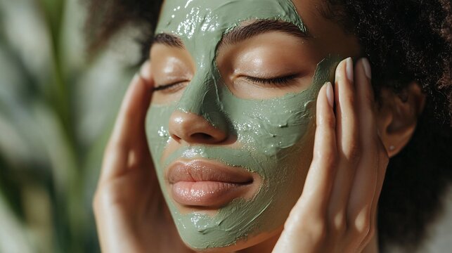 A close-up of a model applying a vibrant green matcha clay mask to her face, with a soft focus on her glowing skin and the mask’s texture
